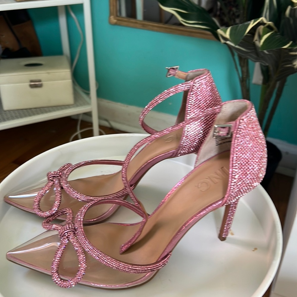 i.n.c. sparkly rhinestone, glittery, pink bow, tie, shoe clear toe